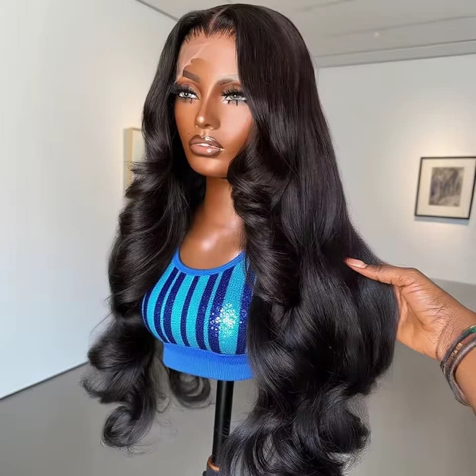 24-inch jet black body water wave glueless lace front wig with 13x6 HD lace on a mannequin