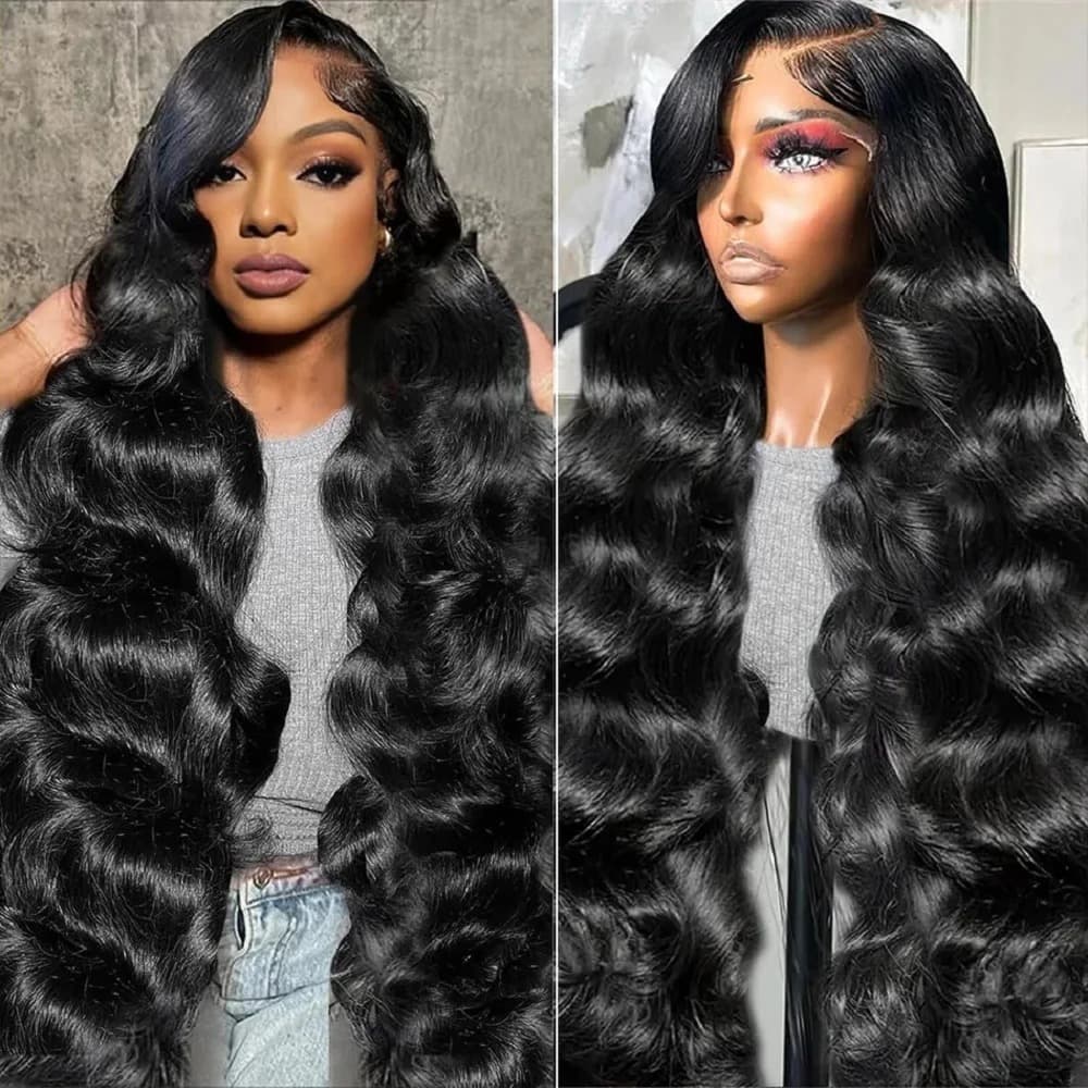 13x6 HD frontal wig in jet black with long body waves, shown on a model and mannequin