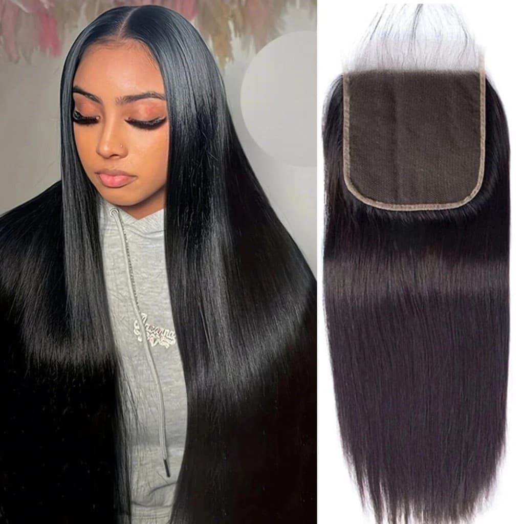4x4 SSD lace closure with straight jet black hair, shown on a model and as a lace piece