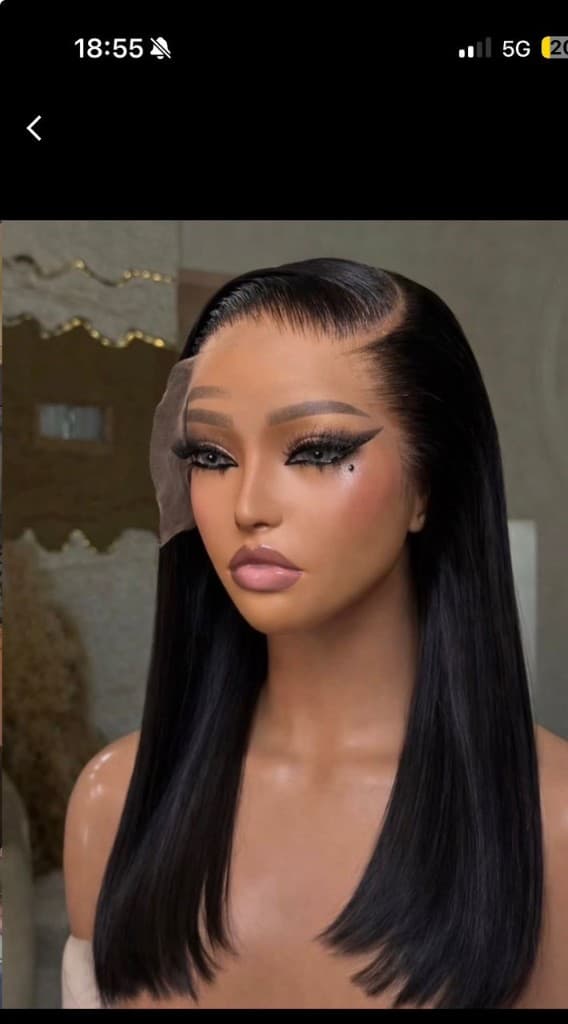 Jet black lace front wig with sleek straight hair, side part, and visible HD lace hairline on a mannequin