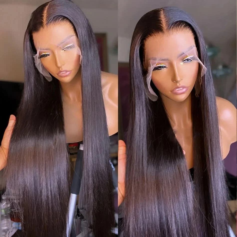 Bone straight HD 13x4 lace front wig on a mannequin showing transparent lace and sleek straight hair