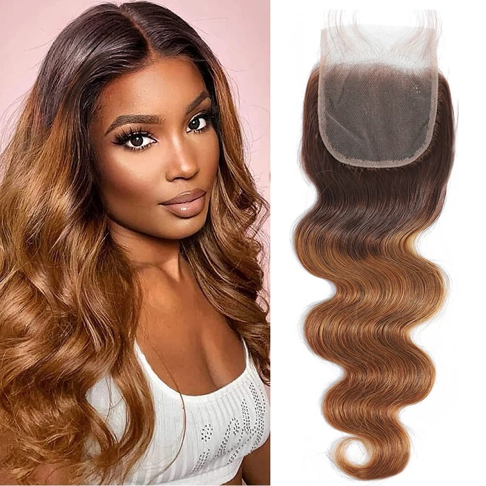13x4 transparent lace closure with Brazilian body wave ombre hair on a model and lace piece