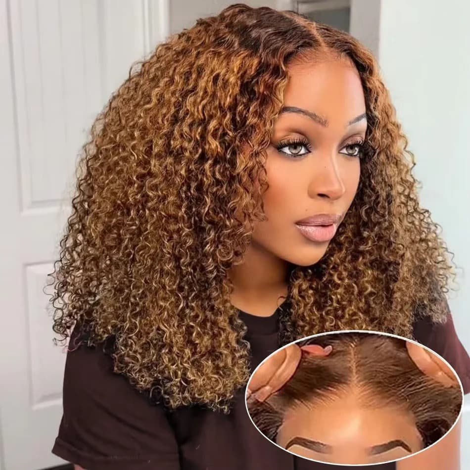 Brazilian deep wave bob wig with honey blonde highlights and 5x5 HD lace closure worn by a model