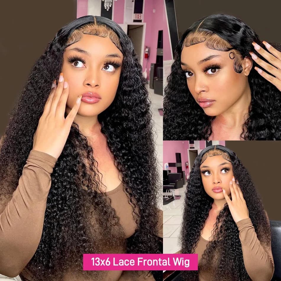 13x6 HD lace frontal afro curly wig worn by a model with styled baby hairs and natural hairline