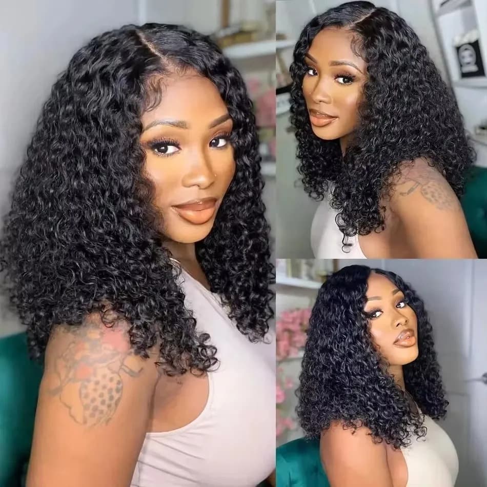 Deep curly black blunt cut bob 13x4 lace frontal wig worn by a model with middle part