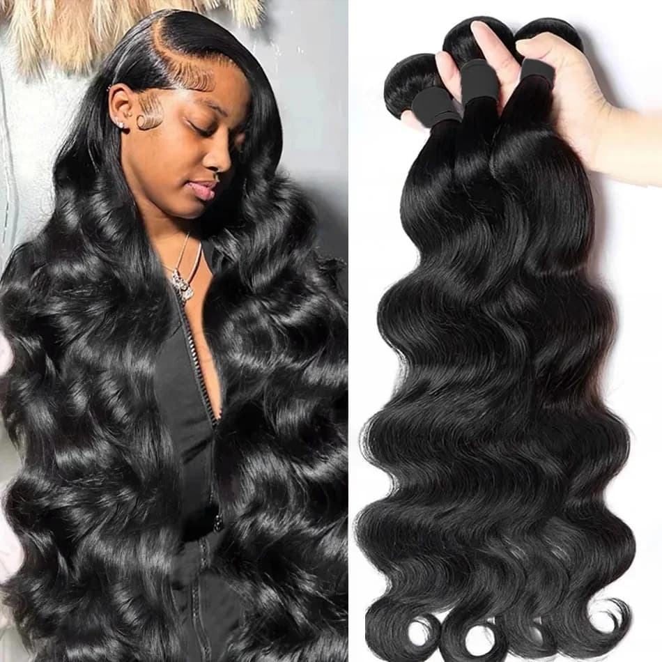 Natural black body wave hair bundles shown on a model and as wefted bundles with black bands