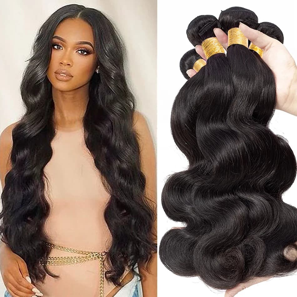 Peruvian body wave hair bundles shown on a model and as wefted bundles with gold bands