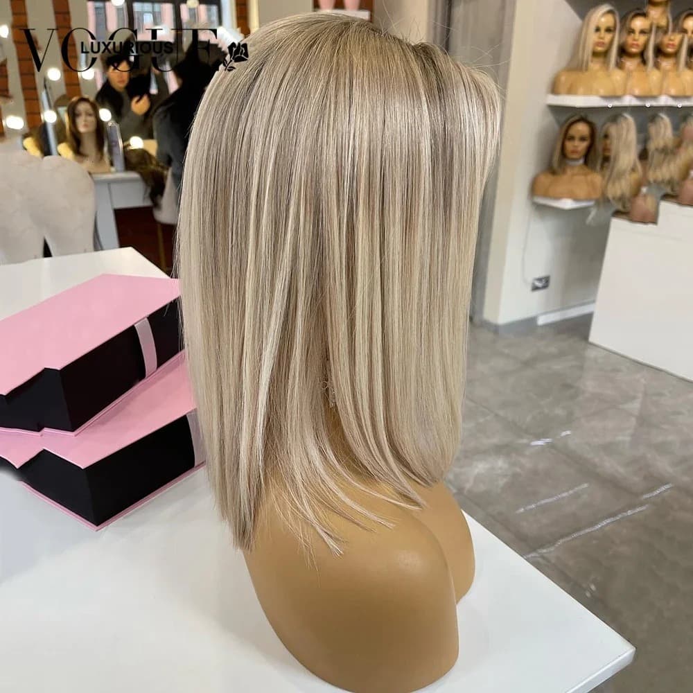 Short bob 13x4 lace front wig in ash blonde shown from the back on a mannequin