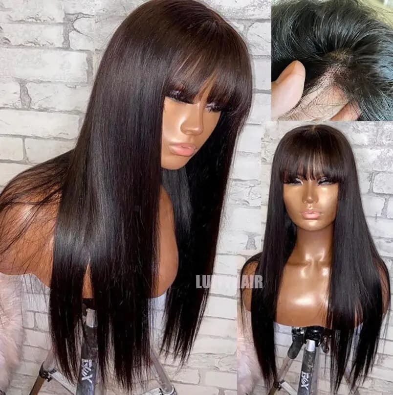 5x4.5 silk top full lace wig with front bang and silky straight jet black hair on a mannequin