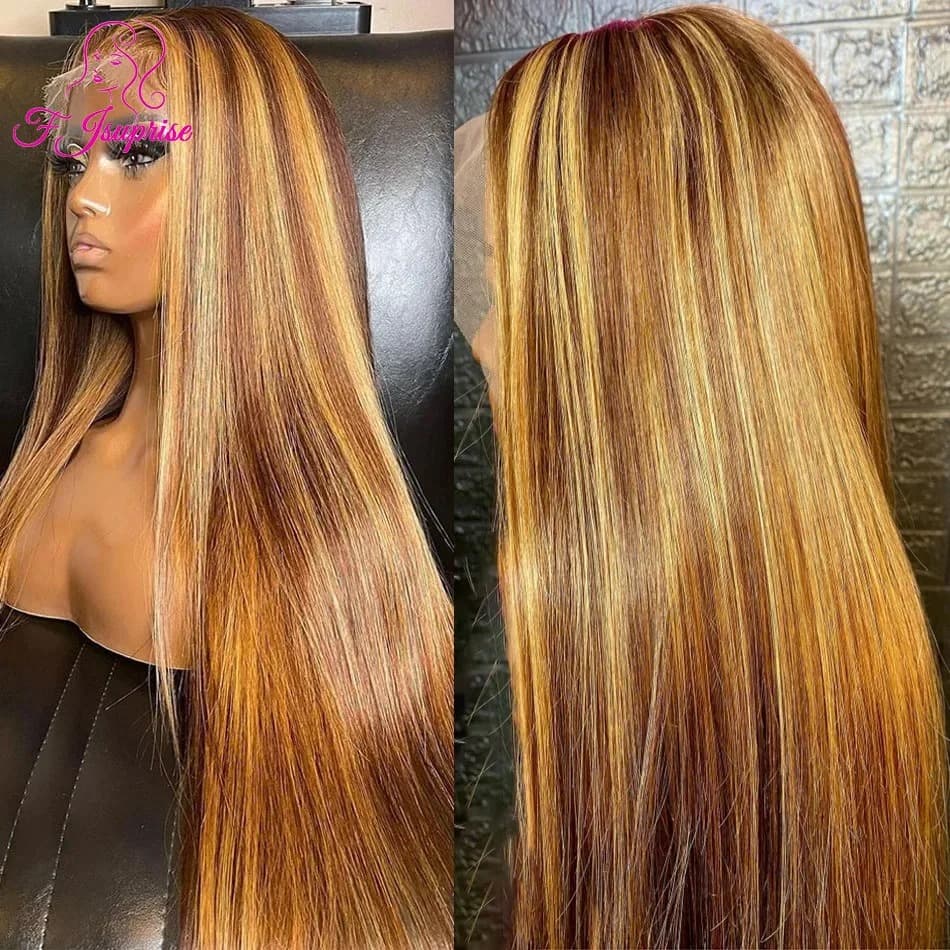 Vietnamese bone silk straight lace frontal wig with honey blonde highlights on a mannequin