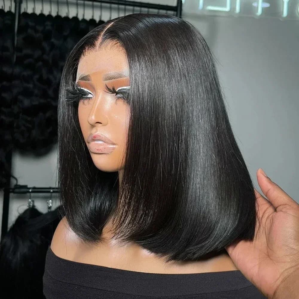 Bone straight Brazilian bob lace frontal wig with sleek blunt cut worn by a model