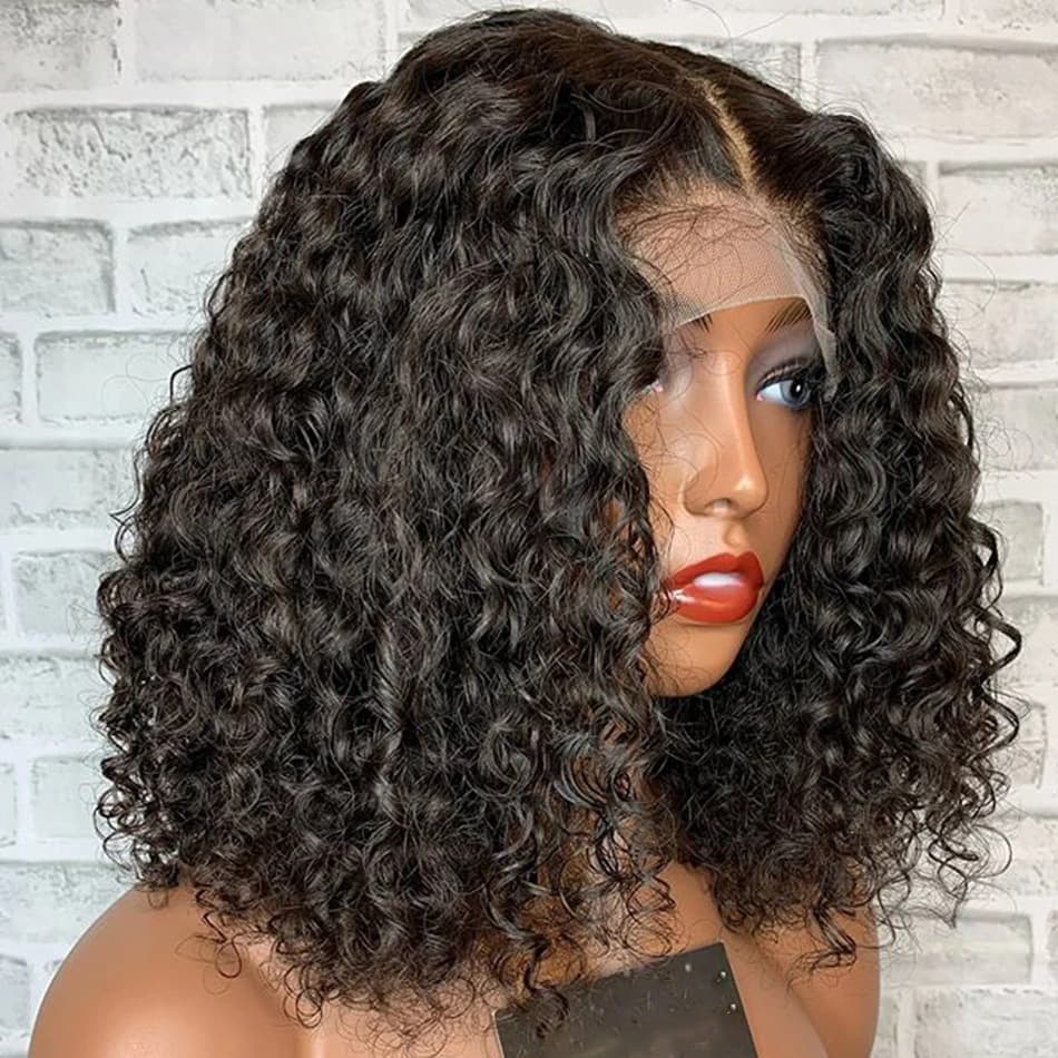 Deep curly bob lace front wig with 13x4 lace and middle part on a mannequin